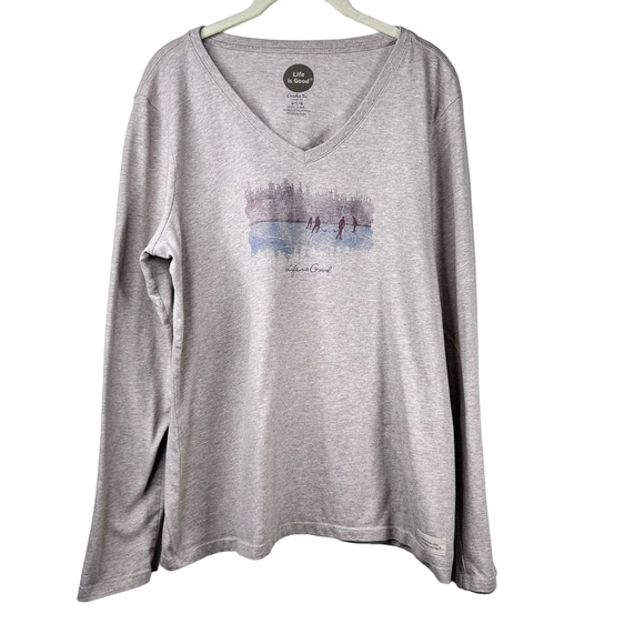 Life is Good Tan Ice Hockey Theme V-Neck Long Sleeve T-shirt Womens Large - Picture 11 of 11